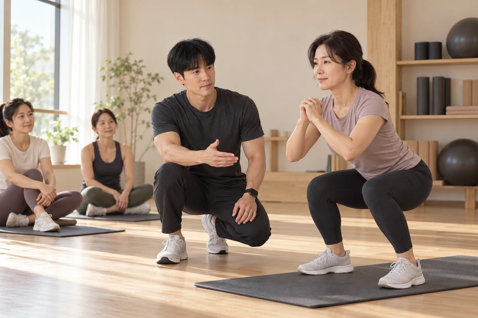 소규모 성인 그룹의 동작 학습을 지도하는 이동진 코치 콘셉트